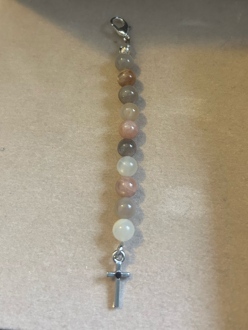 Sunstone Crystal Bead Keychain with Cross Charm - Handmade